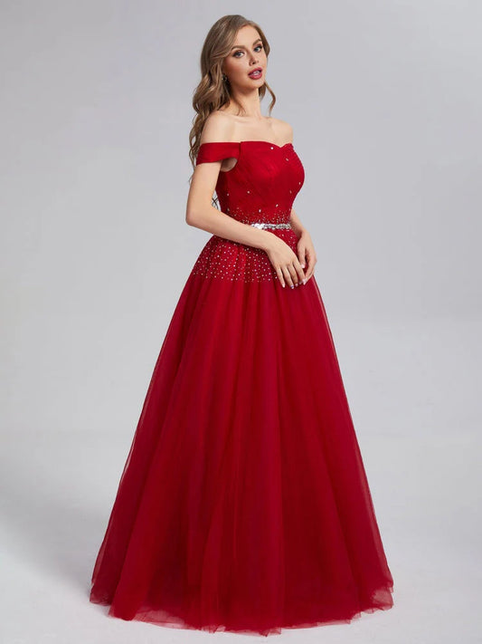 A Line Burgundy Off the Shoulder Lace up Tulle Sweetheart Floor-Length Prom Dresses