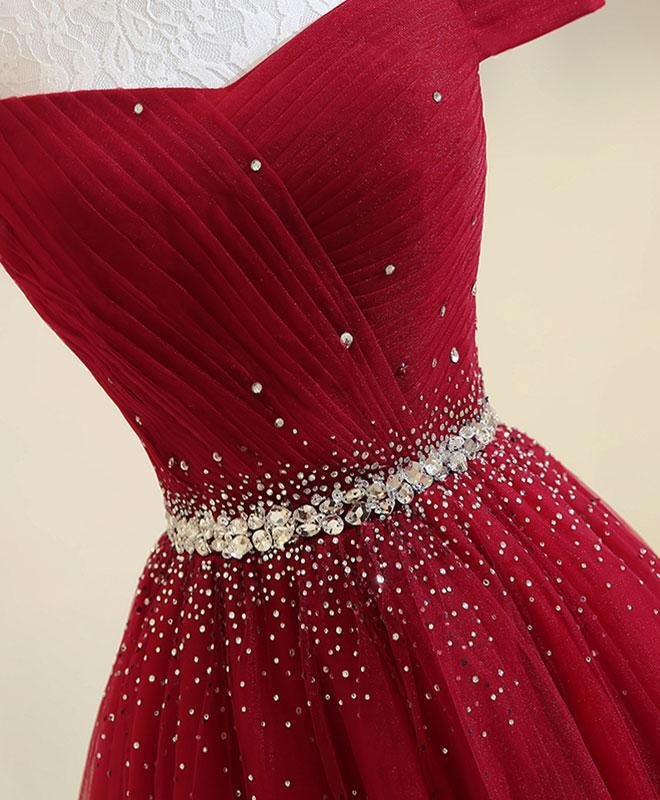 A Line Burgundy Off the Shoulder Lace up Tulle Sweetheart Floor-Length Prom Dresses