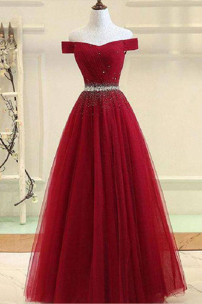 A Line Burgundy Off the Shoulder Lace up Tulle Sweetheart Floor-Length Prom Dresses