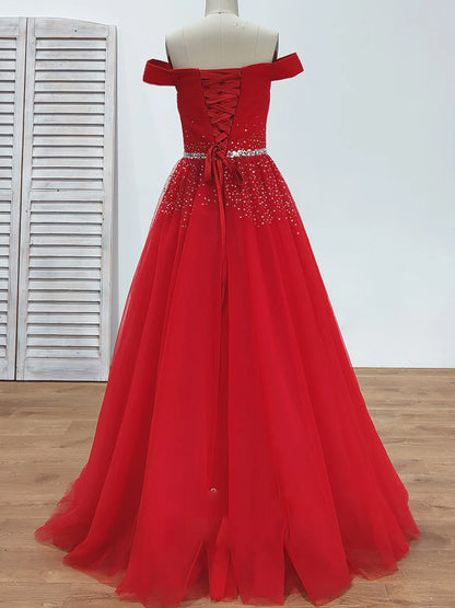 A Line Burgundy Off the Shoulder Lace up Tulle Sweetheart Floor-Length Prom Dresses