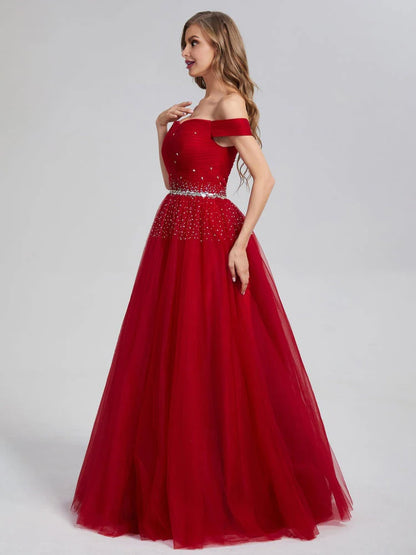 A Line Burgundy Off the Shoulder Lace up Tulle Sweetheart Floor-Length Prom Dresses