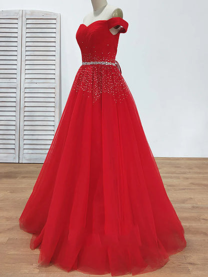 A Line Burgundy Off the Shoulder Lace up Tulle Sweetheart Floor-Length Prom Dresses