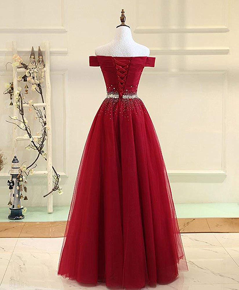 A Line Burgundy Off the Shoulder Lace up Tulle Sweetheart Floor-Length Prom Dresses