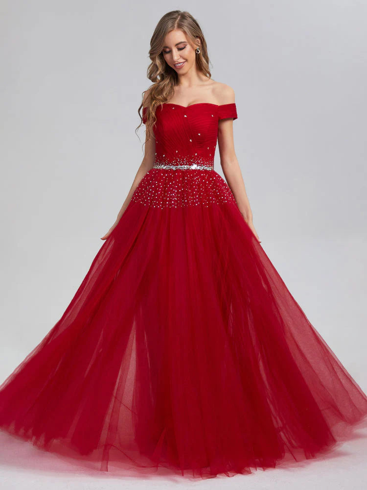 A Line Burgundy Off the Shoulder Lace up Tulle Sweetheart Floor-Length Prom Dresses