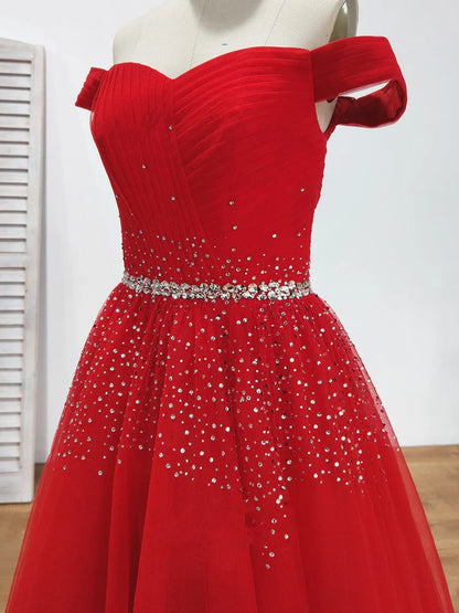 A Line Burgundy Off the Shoulder Lace up Tulle Sweetheart Floor-Length Prom Dresses