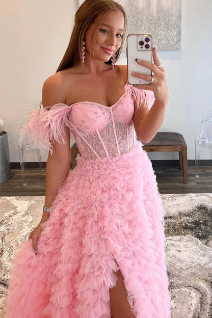 A Line Custom-Made Long Off the Shoulder Sweetheart Prom Dresses with Split
