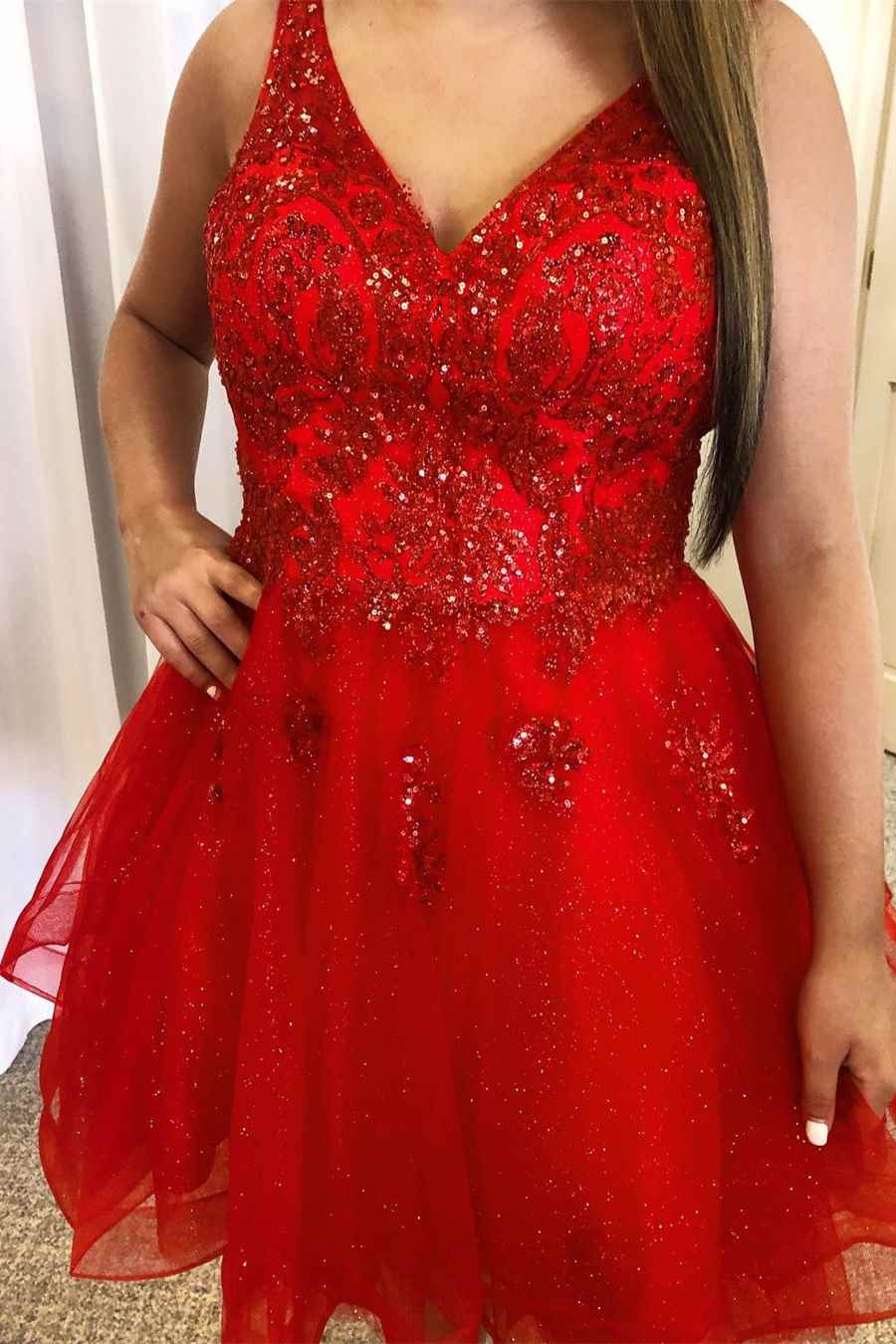 A Line Hocoming Dresses Tulle V Neck With Beading Above Knee Length