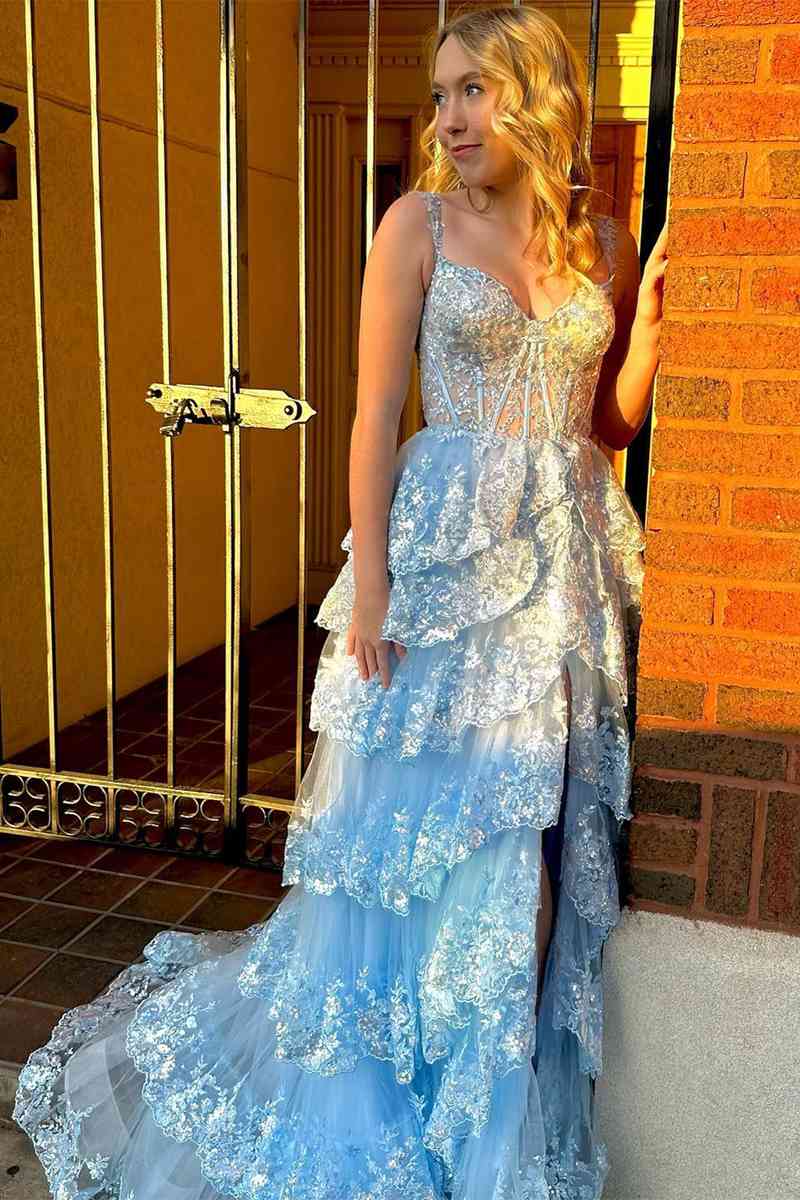 A Line Light Blue Lace Sweetheart Tiered Long Prom Dress with Slit