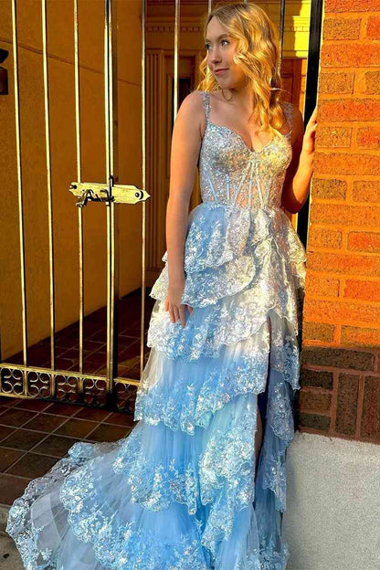 A Line Light Blue Lace Sweetheart Tiered Long Prom Dress with Slit