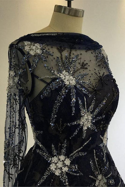 A Line Navy Blue Long Sleeve Beads Open Back Tulle Short Cocktail Dress Homecoming Dress