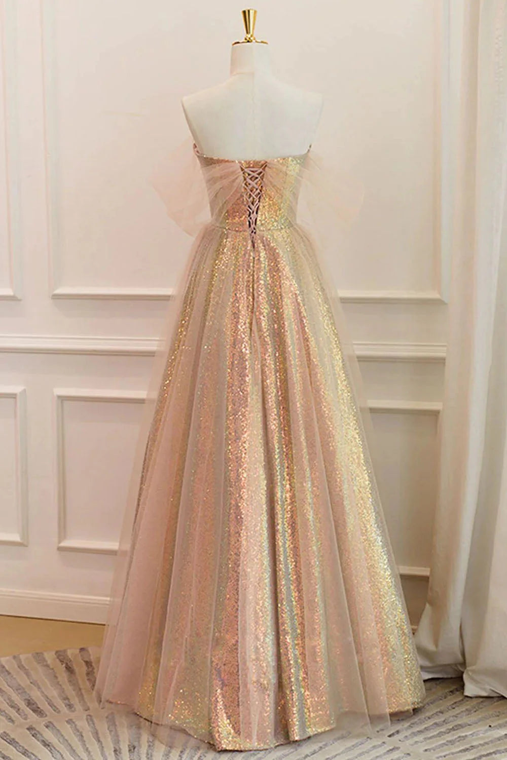 A Line Off the Shoulder Champagne Sequins Long Prom Dress