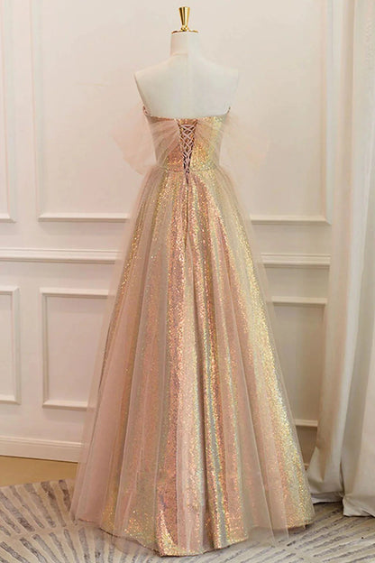 A Line Off the Shoulder Champagne Sequins Long Prom Dress