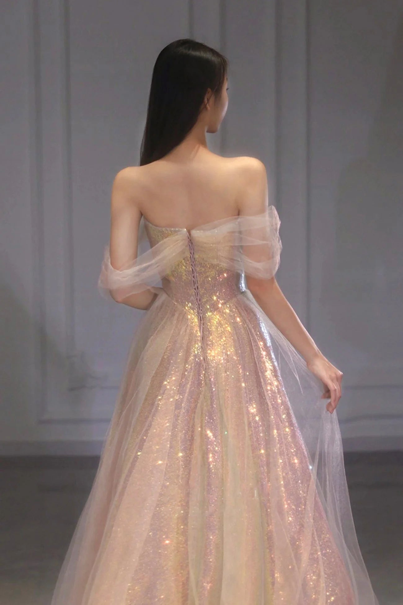 A Line Off the Shoulder Champagne Sequins Long Prom Dress