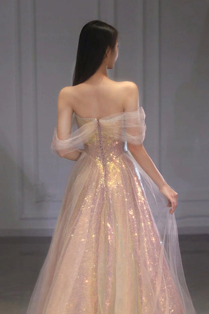 A Line Off the Shoulder Champagne Sequins Long Prom Dress