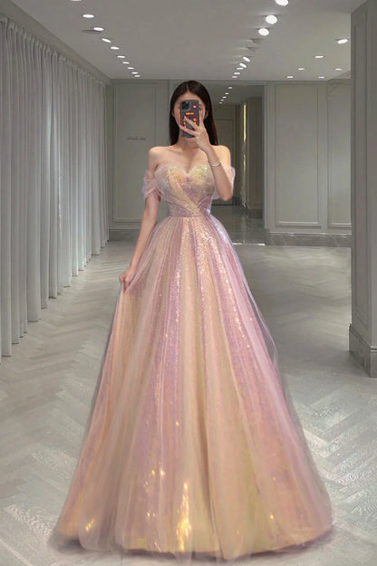 A Line Off the Shoulder Champagne Sequins Long Prom Dress
