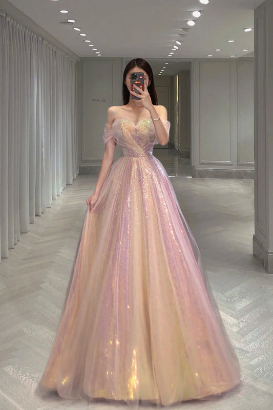 A Line Off the Shoulder Champagne Sequins Long Prom Dress