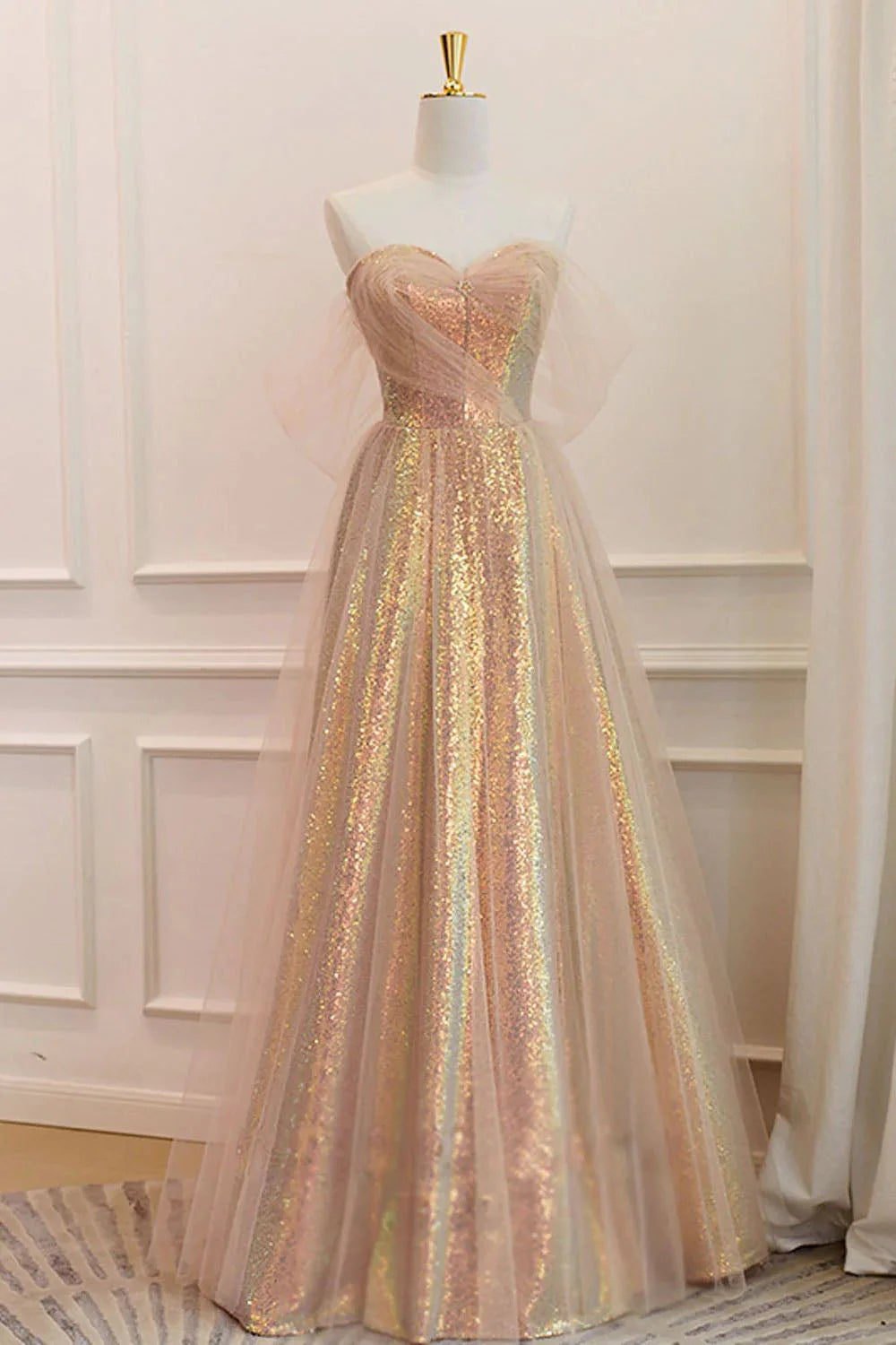 A Line Off the Shoulder Champagne Sequins Long Prom Dress