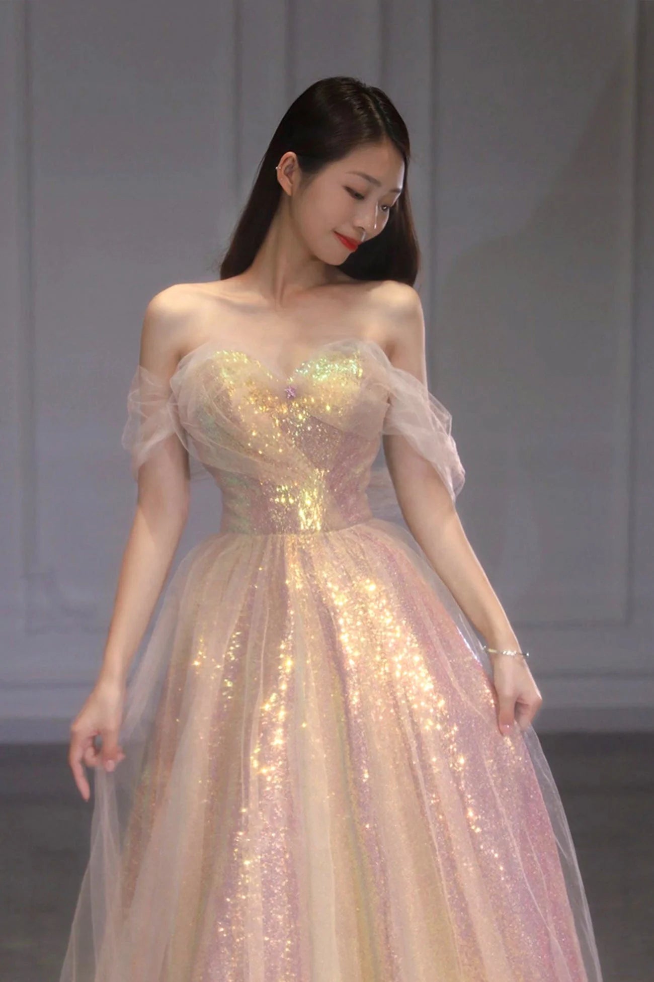 A Line Off the Shoulder Champagne Sequins Long Prom Dress