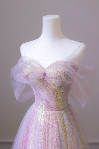 A Line Off the Shoulder Champagne Sequins Long Prom Dress