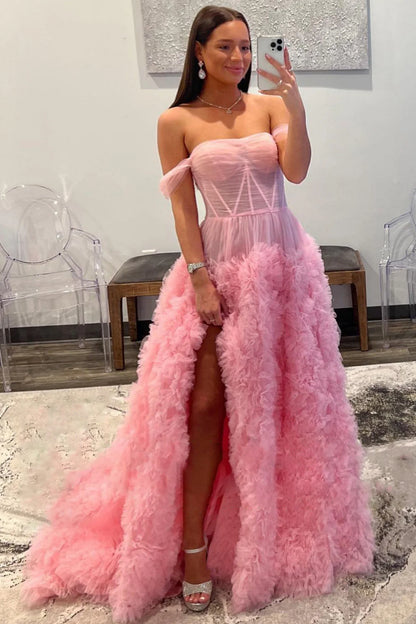 A-Line Off the Shoulder Tulle Princecss Prom Dress with Slit