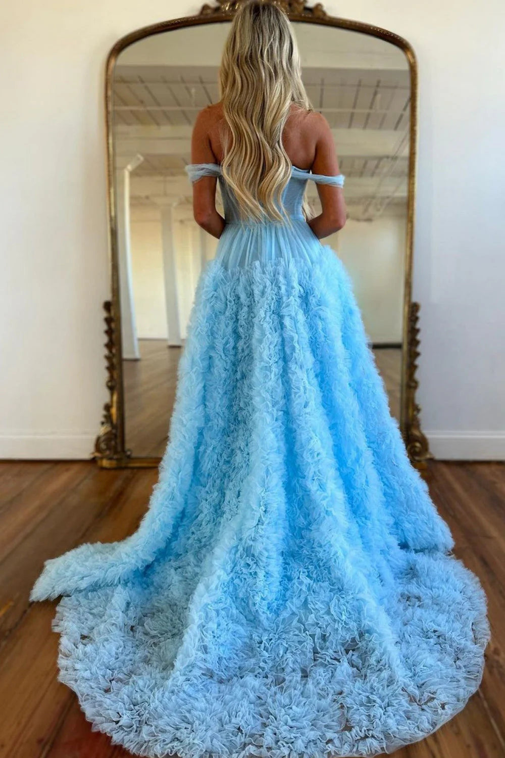 A-Line Off the Shoulder Tulle Princecss Prom Dress with Slit