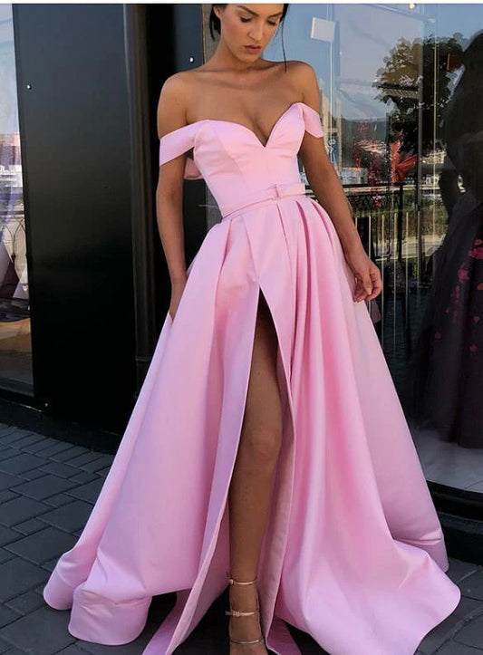 A Line Off the Shoulder V Neck Satin Prom Dresses with High Split