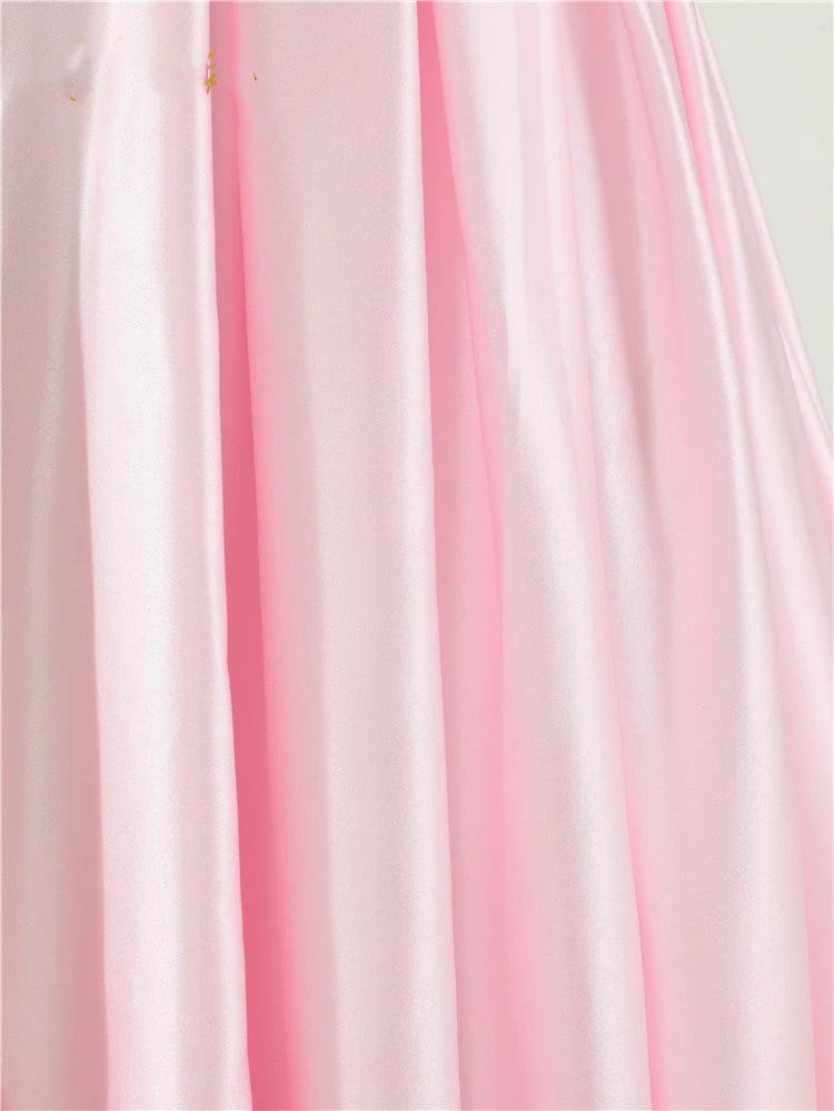 A Line Off the Shoulder V Neck Satin Prom Dresses with High Split