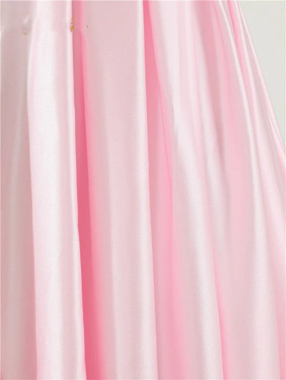 A Line Off the Shoulder V Neck Satin Prom Dresses with High Split