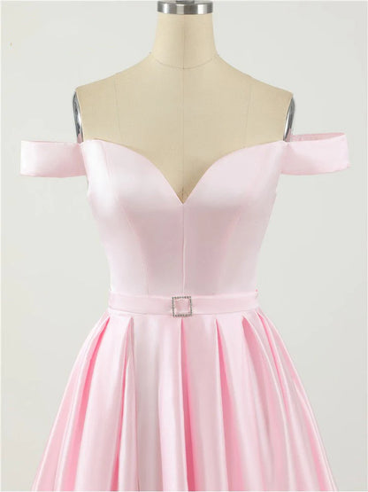 A Line Off the Shoulder V Neck Satin Prom Dresses with High Split