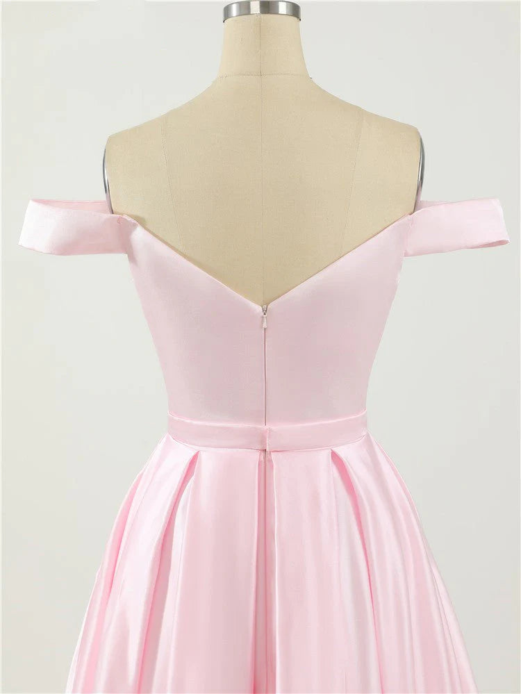 A Line Off the Shoulder V Neck Satin Prom Dresses with High Split