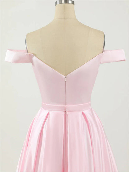 A Line Off the Shoulder V Neck Satin Prom Dresses with High Split