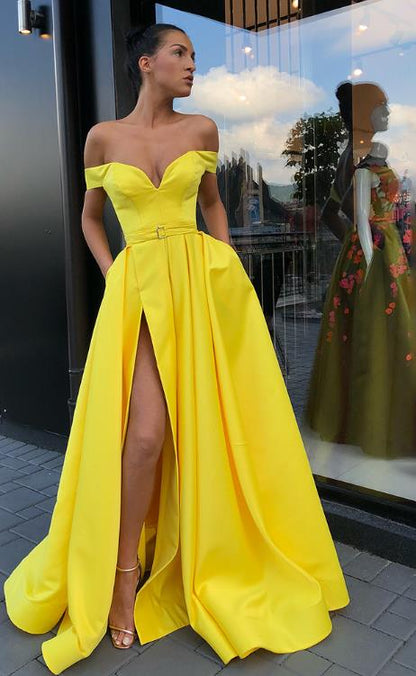 A Line Off the Shoulder V Neck Satin Prom Dresses with High Split