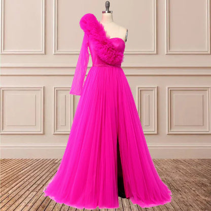 A Line One Shoulder Long Sleeves Prom Dresses With Slit
