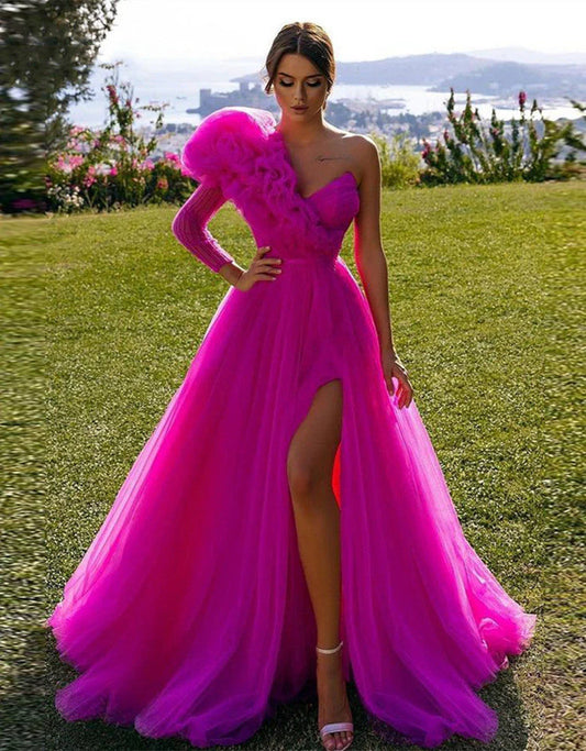 A Line One Shoulder Long Sleeves Prom Dresses With Slit