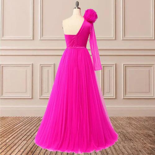 A Line One Shoulder Long Sleeves Prom Dresses With Slit