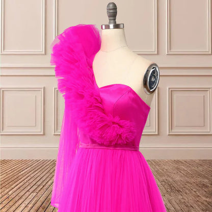 A Line One Shoulder Long Sleeves Prom Dresses With Slit