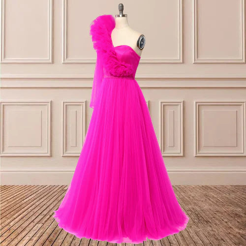 A Line One Shoulder Long Sleeves Prom Dresses With Slit