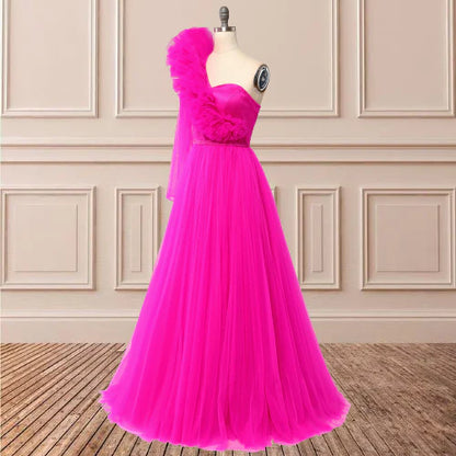 A Line One Shoulder Long Sleeves Prom Dresses With Slit