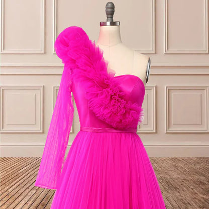 A Line One Shoulder Long Sleeves Prom Dresses With Slit
