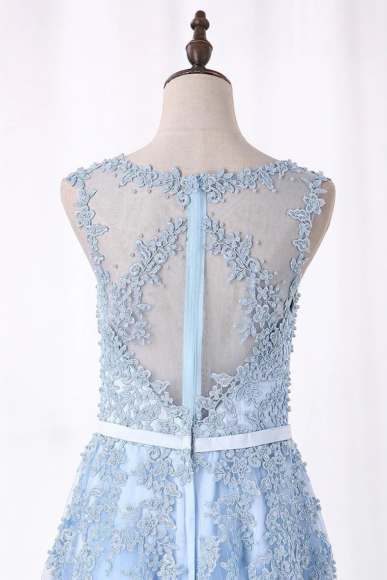 A Line Party Dresses Scoop Tulle With Applique Floor Length