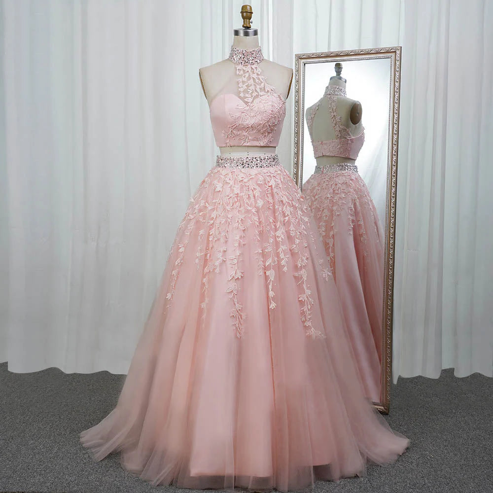 A-Line/Princess Sleeveless Halter Floor-Length Applique Tulle Two Piece Prom Dresses