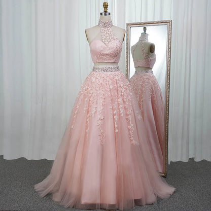 A-Line/Princess Sleeveless Halter Floor-Length Applique Tulle Two Piece Prom Dresses