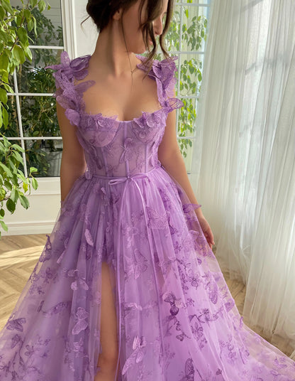 A-Line/Princess Sleeveless Spaghetti Straps Floor-Length Butterfly Tulle Prom Dresses