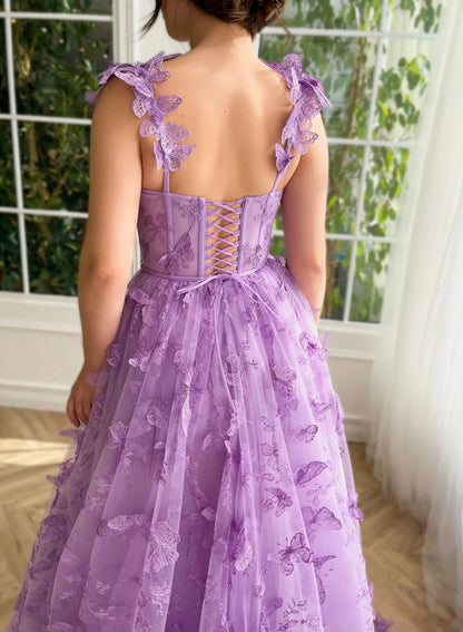 A-Line/Princess Sleeveless Spaghetti Straps Floor-Length Butterfly Tulle Prom Dresses