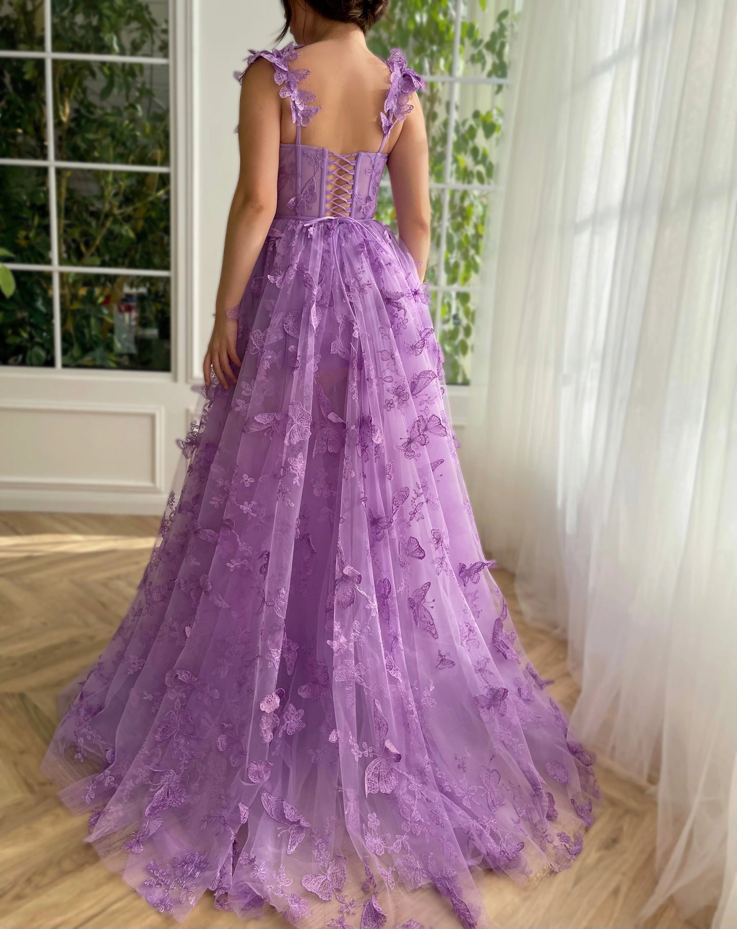A-Line/Princess Sleeveless Spaghetti Straps Floor-Length Butterfly Tulle Prom Dresses