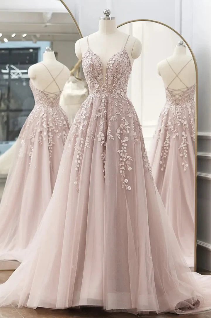 A-Line/Princess Sleeveless V-Neck Floor-Length Applique Tulle Prom Dresses