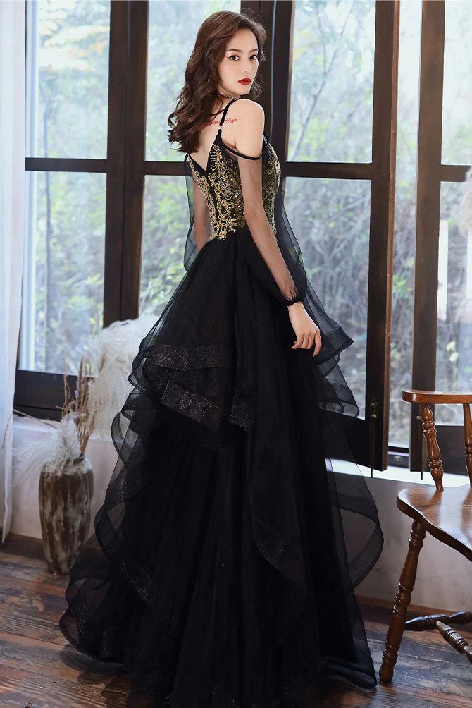 A-Line/Princess V Neck Long Sleeves Floor-Length Appliques Tulle Prom Dresses