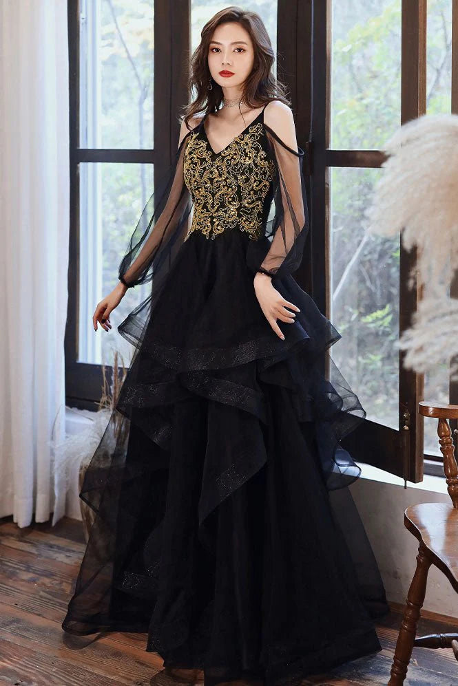 A-Line/Princess V Neck Long Sleeves Floor-Length Appliques Tulle Prom Dresses