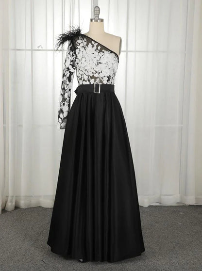 A Line Satin One Shoulder Long Sleeves Split Pockets Prom Dresses With Applique Floor Length