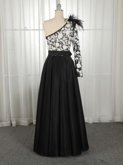 A Line Satin One Shoulder Long Sleeves Split Pockets Prom Dresses With Applique Floor Length